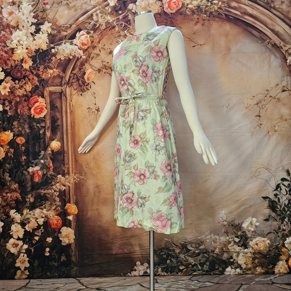 Vintage 1960s Floral Dress Tan Green Pink Sleeveless A-Line Belted Shift Mod - Picture 3 of 8